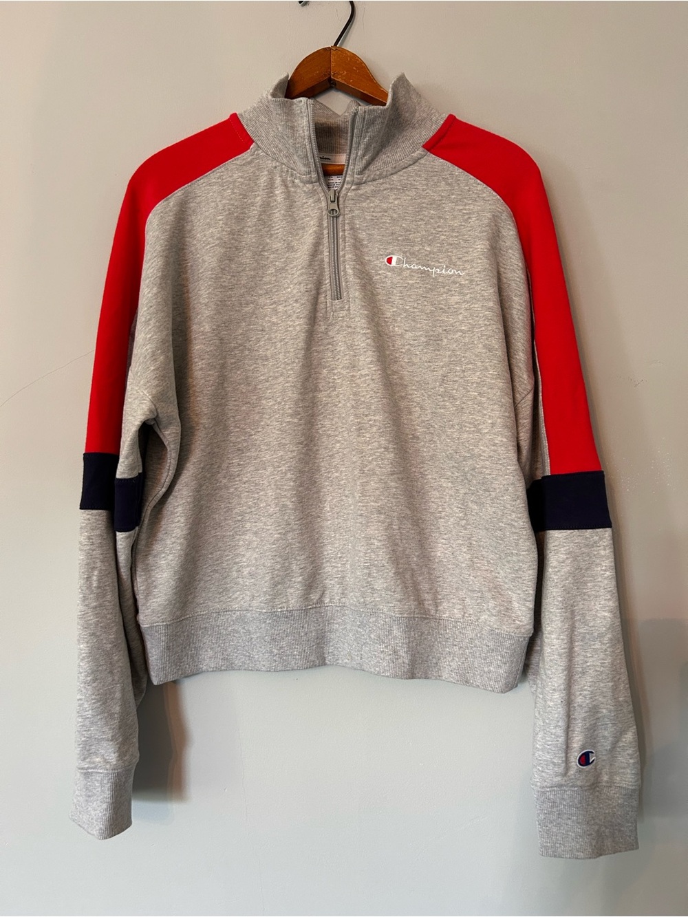 Champion Women’s Pullover 1/4 Zip Gray With Navy Blue Red Color block Medium